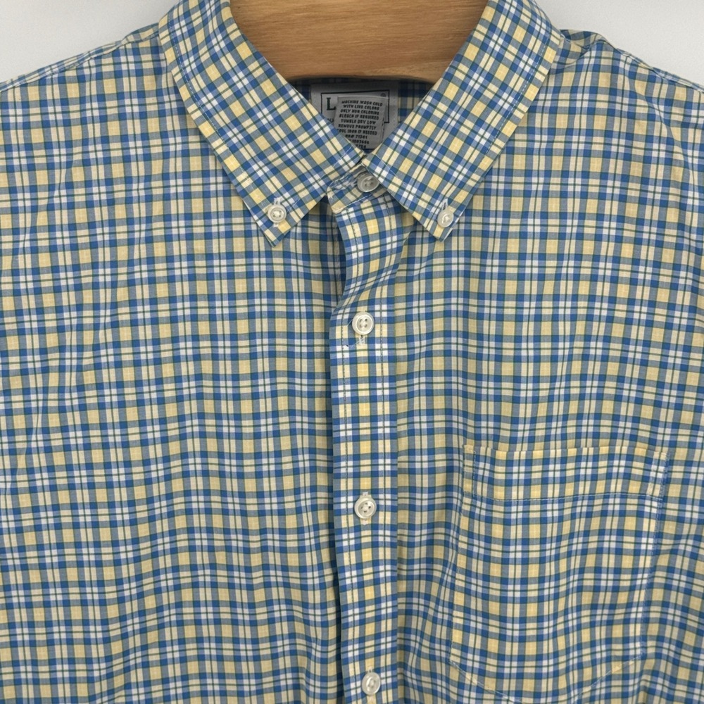 LL Bean Mens L Tall Traditional‎ Fit Plaid Button Down Shirt Blue Yellow 288293